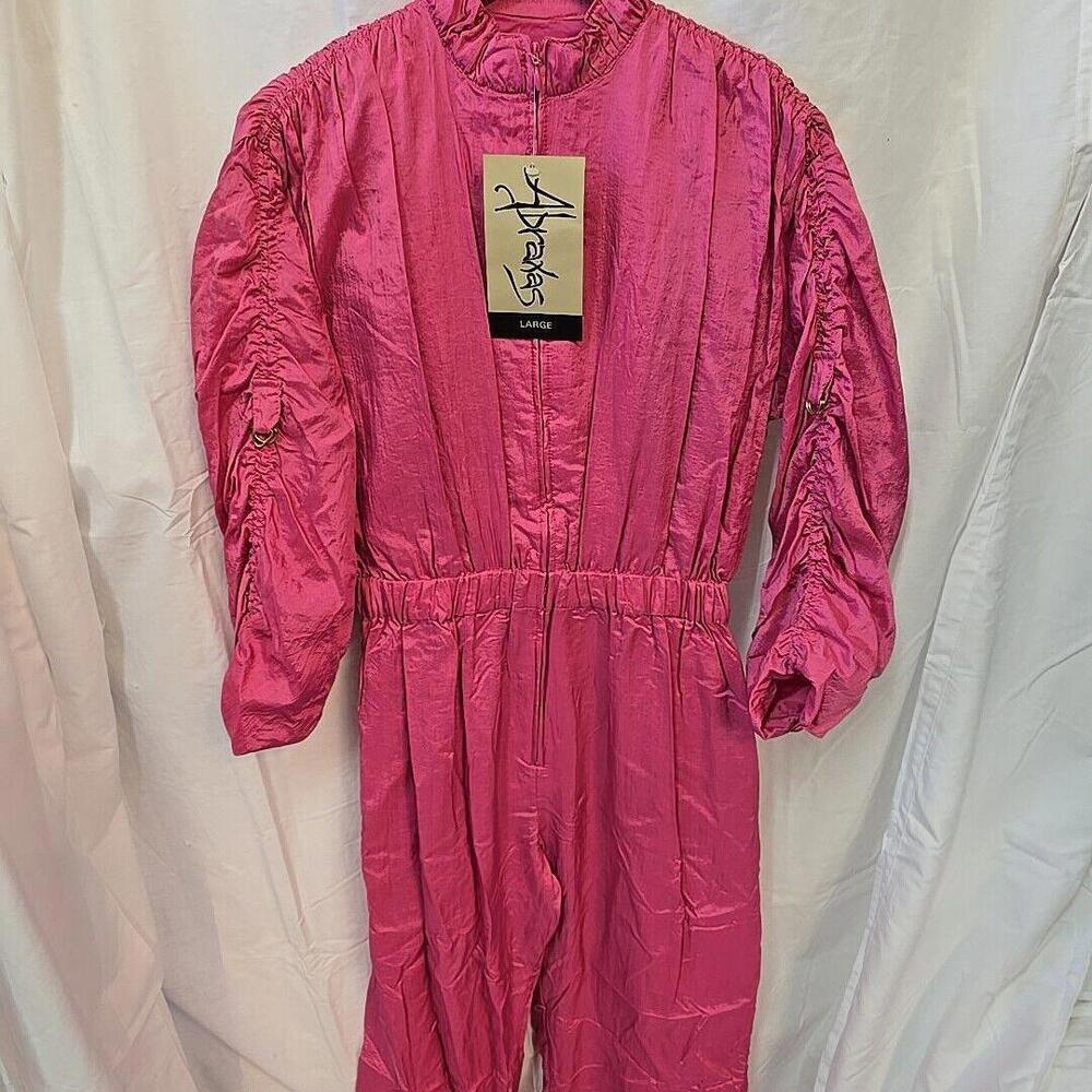 VTG 80s Abraxas Women's Pink Nylon Jumpsuit Jumper 1pc Long Sleeve Pants Sz L